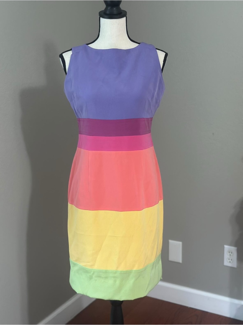 Vintage Colorblock Rainbow Trendy Capsule Sleeveless 100% Silk Midi Dress